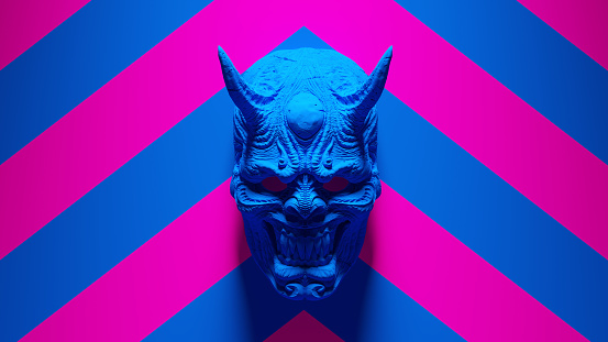 Blue Hannya Sino-Japanese Traditional Theatre Style Mask Mounted with Blue an Pink Chevron Background 3d illustration render