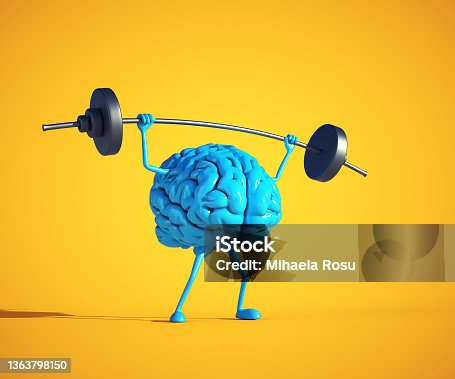 istock Blue human brain lifting weight. 1363798150