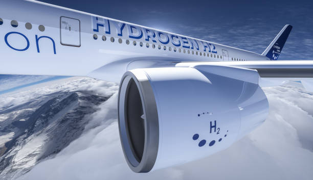 Blue Hydrogen filled H2 Aeroplane flying in the sky - future H2 energy concept. stock photo