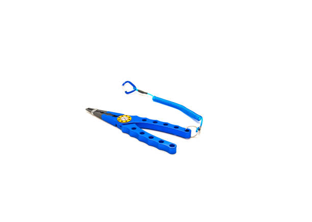 Blue light and durable aluminum alloy fish pliers, multifunctional hook puller with split ring and spiral cord, spring retainer for a secure grip isolated on white background. stock photo