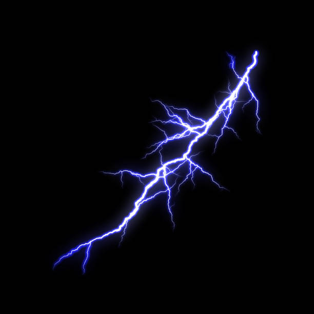blue lightning flash thunderbolt aislado sobre fondo negro. - lightning fotografías e imágenes de stock