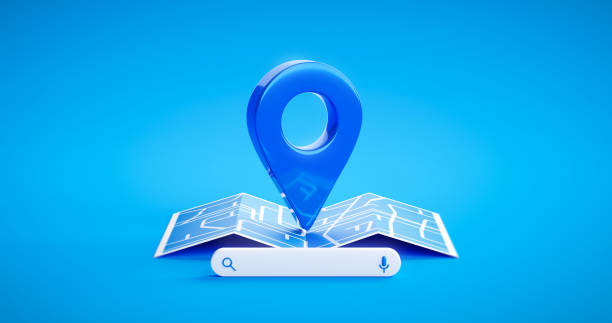 Blue location pin sign icon and gps navigation map road direction or internet search bar technology symbol on position place background with find route mark travel destination navigator. 3D rendering. stock photo