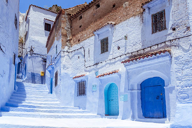Blue medina Stairway in the blue medina of Chefchaouen, Morocco medina district stock pictures, royalty-free photos & images
