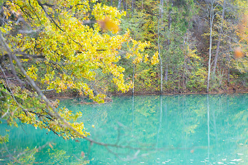 Blue mountain lake in autumn. Beautiful autumn morning. Nature
