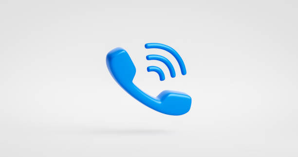 Blue phone icon or contact website mobile symbol isolated on classic communication telephone white background with service support hotline concept. 3D rendering. stock photo
