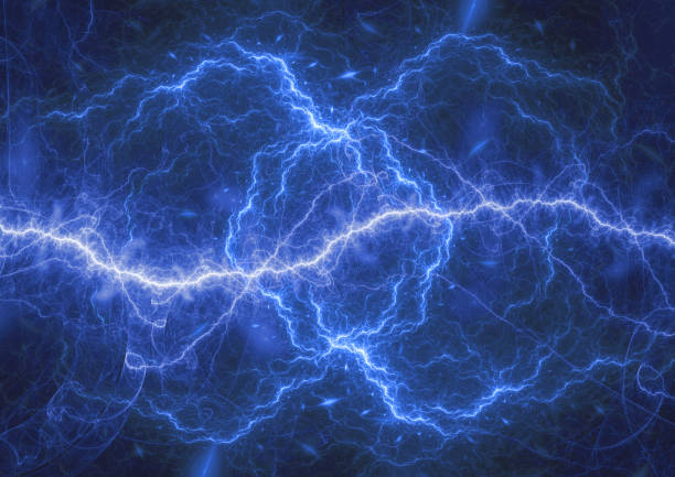 Blue plasma lightning storm, electrical abstract background stock photo