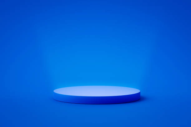 Blue product background stand or podium pedestal on advertising display with blank backdrops. 3D rendering. stock photo