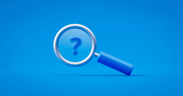 Blue question mark and search magnifying glass symbol concept on find faq background with discovery or research magnifier object. 3D rendering. stock photo