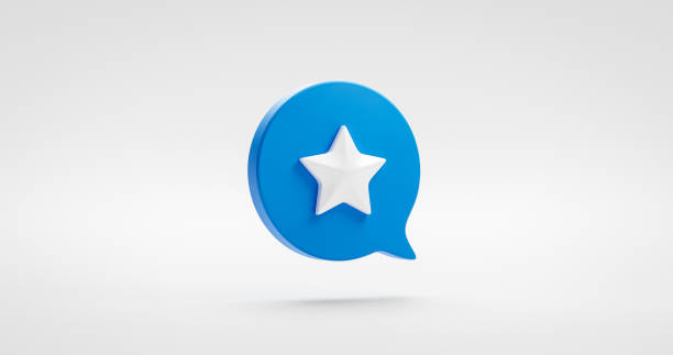 Blue rating star icon sign or review success award symbol illustration graphic element design isolated on white customer experience badge background with speech bubble rate concept. 3D rendering. stock photo