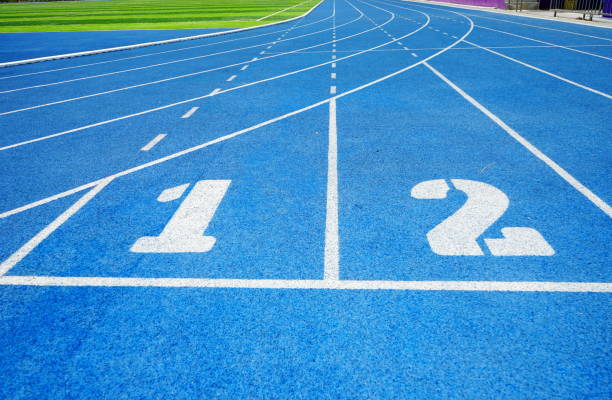Blue Running Track background Thailand, Running Track, Agricultural Field, Sports Track, Athlete asien startblock stock pictures, royalty-free photos & images