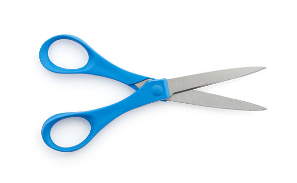 blue scissors "A pair of blue handle scissors, open" scissors stock pictures, royalty-free photos & images
