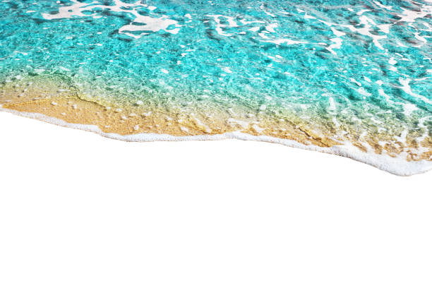 Blue sea wave tide pattern on white background isolated closeup top view, turquoise ocean water surf texture, summer holidays frame border, tropical vacation backdrop, travel banner design, copy space stock photo