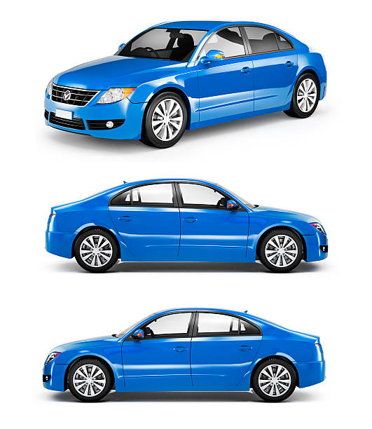 3D Blue Sedans in a Row 3D Blue Sedans in a Row electric car photos stock pictures, royalty-free photos & images