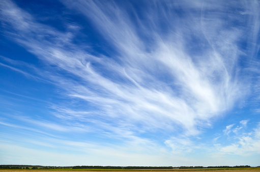 Blue sky, light clouds, Earth horizon panorama.