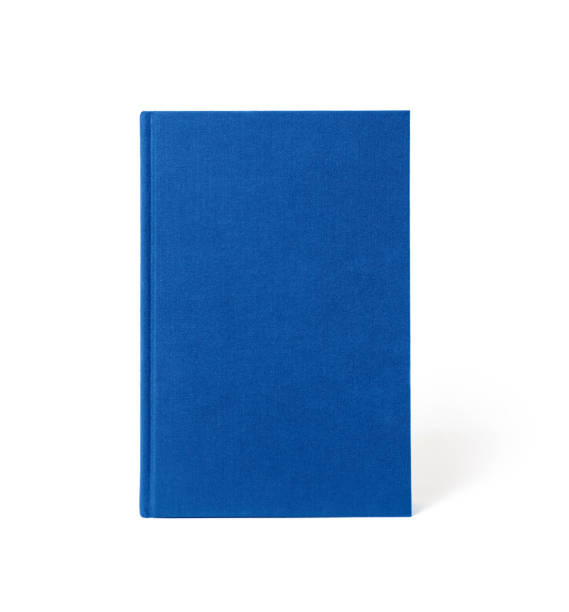 Blue standing hardcover book isolated, front view. Cover made of natural linen fabric with uneven rough texture. romance book cover stock pictures, royalty-free photos & images