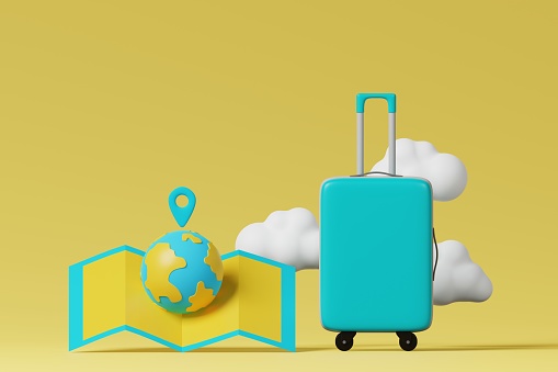 Blue suitcase luggage and map pin globe with cloud on yellow background. Summer vacation, travel, business trip concept. 3d rendering