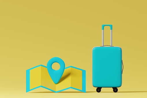 Blue suitcase luggage and map pin on blank yellow background. Summer vacation, travel, business trip concept. 3d rendering