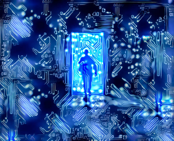 blau getönte digitale schaltung mann zu fuß durch elektronische tür - zeitmaschine düster stock-fotos und bilder