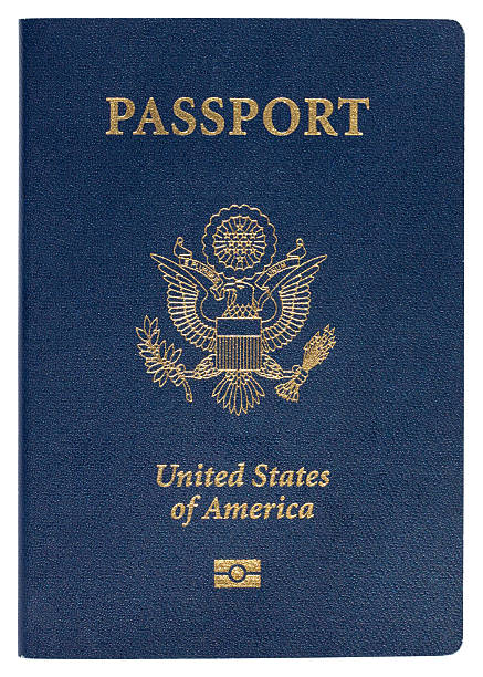Blue United States of America passport on white background stock photo