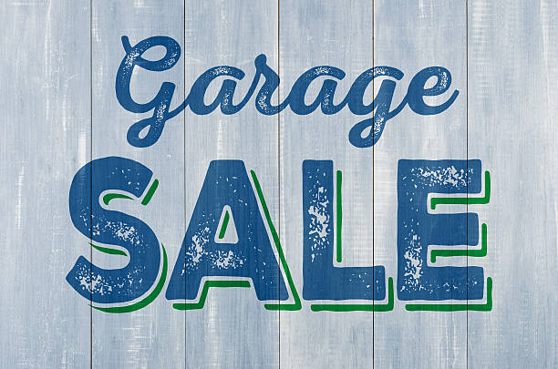 Blue wooden wall with the inscription Garage Sale stock photo