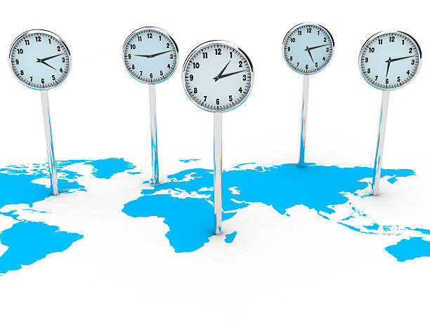 Blue world map with five clocks showing different time zones stock photo
