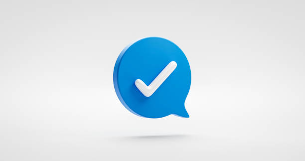 Blue yes check mark icon symbol or tick ok correct button and illustration choice sign isolated on white checkmark background with  approved speech bubble checklist flat design concept. 3D rendering. stock photo