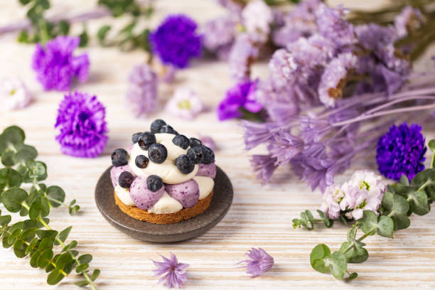 Blueberry Graham Cheesecake topped with fresh berries on white drift wood vintage table over a dry flowers and twigs background. stock photo