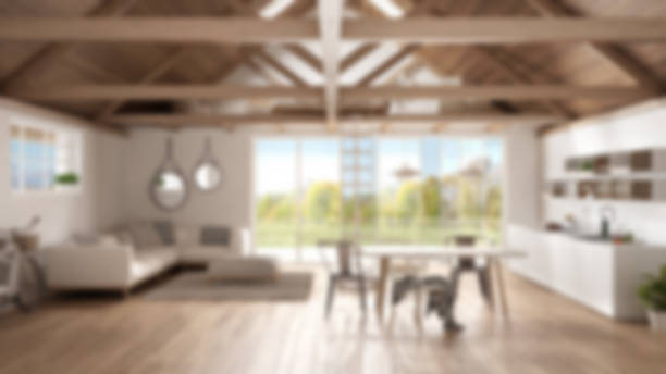 Blur background interior design, minimalist mezzanine loft, kitchen, living and bedroom, wooden roofing and parquet floor with garden panorama stock photo