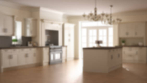 Blur background interior design, scandinavian classic beige kitchen stock photo