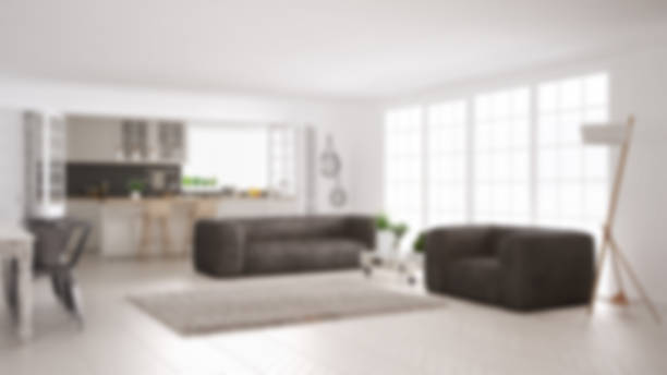 Blur background interior design, scandinavian classic minimalist white living and kitchen stock photo