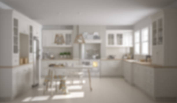 Blur background interior design, scandinavian classic white kitchen with wooden details stock photo