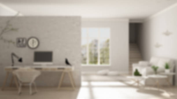 Blur background interior design, scandinavian living with home workplace, house minimalist corner office stock photo