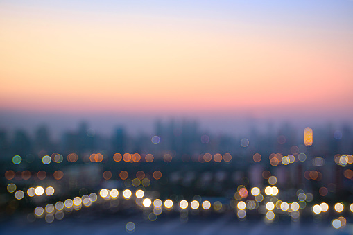 Bokeh light of blurred city background. Bangkok, Thailand, Asia