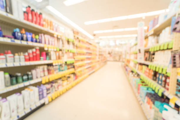 Blurred hair care, skin care and cosmetic at pharmacy store stock photo