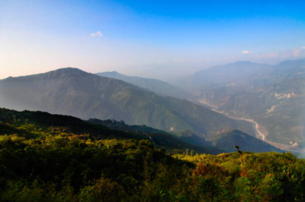 Blurred image of Valley at Silerygaon, Sikkim. Blurred background usage. stock photo