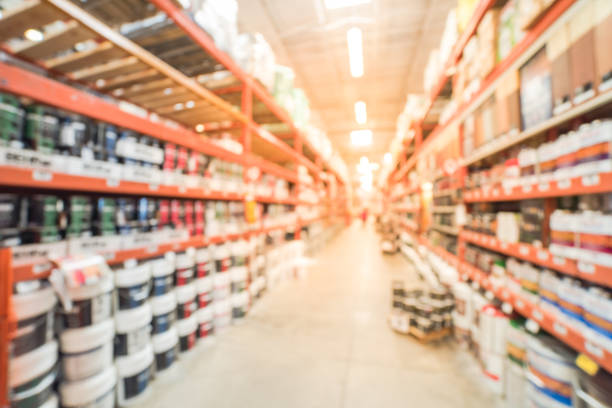 Blurred paint at large hardware store in USA  customer shopping stock photo
