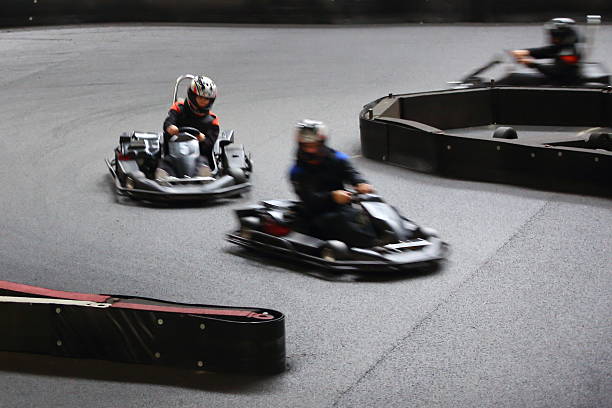 Blurred-view of an indoor go cart race stock photo