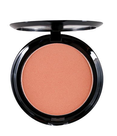 Terracotta shade blusher in round open box with mirror lid, isolated on white