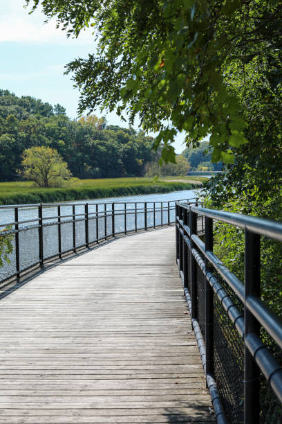 Boardwalk along the Genesee river at Turning point Park. stock photo