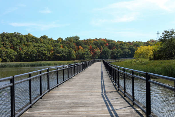 Boardwalk at Turning Point Park on the Genesee River, Rochester, New York stock photo