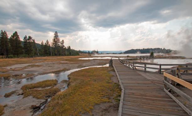 Boardwalk next to Tangled Creek and Black Warrior Springs leading into Hot Lake in the Lower Geyser Basin in Yellowstone National Park in Wyoming United States stock photo