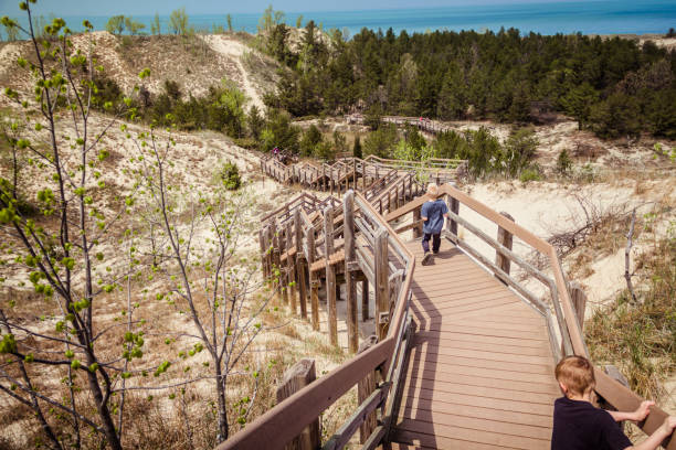 Boardwalk steps down a dune at Indiana Dunes National Park Boardwalk steps down a dune at Indiana Dunes National Park sand dune stock pictures, royalty-free photos & images