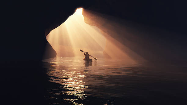 Boat in cave. Kayaker afloating to the cave. This is a 3d render illustration finding stock pictures, royalty-free photos & images