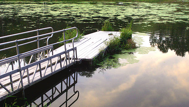boat ramp on murky pond stock photo