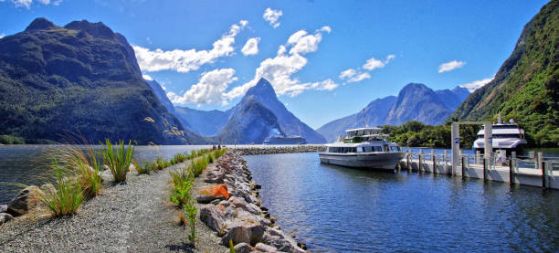 Boat trip in Milford Sounds, New Zealand. Sunny day. stock photo