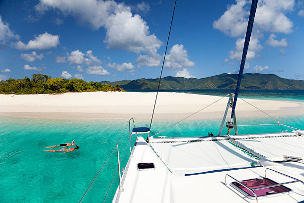boating and snorkeling around Sandy Spit, British Virgin Islands stock photo