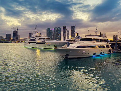 Boats docked - Miami Biscayne bay at dusk