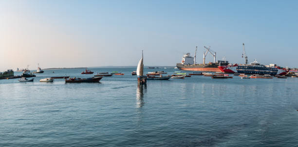 Boats on Indian Ocean in Zanzibar stock photo