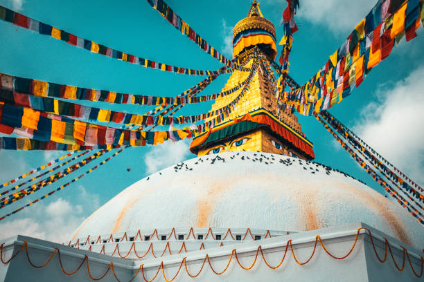 Bodhnath Stupa with flags lungta in summer Kathmandu Nepal stock photo