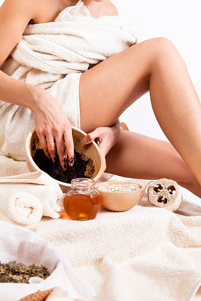 Body Care. Organic Natural Cellulite massage with Coffee Scrub. Oats. stock photo